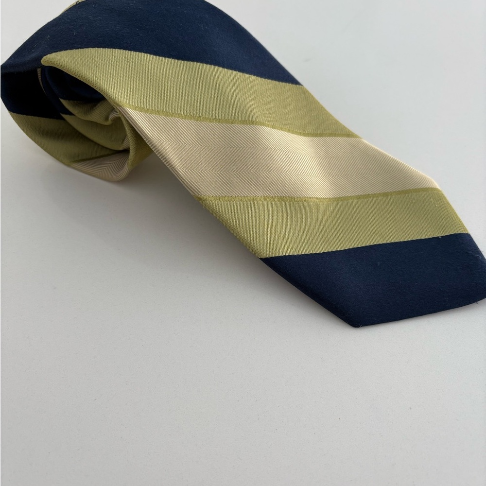 Calvin Klein 100% Silk Vintage Diagonal Stripe Tie – Chartreuse, Beige & Navy